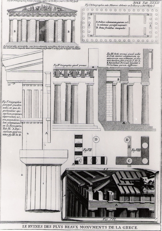 pianta, alzati e dettagli di templi greco-dorici (stampa) di Piranesi Giovanni Battista (prima metà sec. XX)