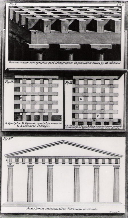 tre diagrammi di struttura ed alzato di tempio dorico (stampa) di Piranesi Giovanni Battista (prima metà sec. XX)