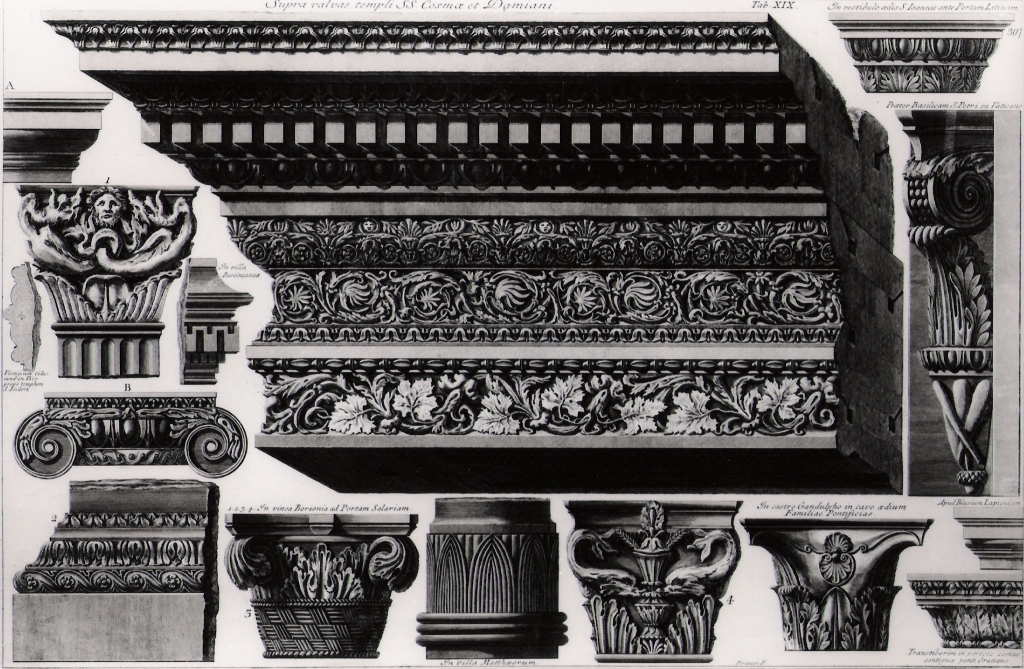 trabeazioni, capitelli e frammenti ornamentali (stampa) di Piranesi Giovanni Battista (prima metà sec. XX)