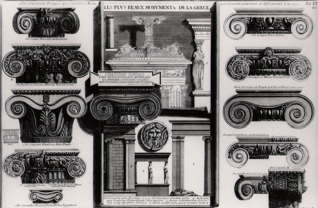 capitelli ionici romani comparati con i greci dalle illustrazioni di Le Roy (stampa) di Piranesi Giovanni Battista (prima metà sec. XX)