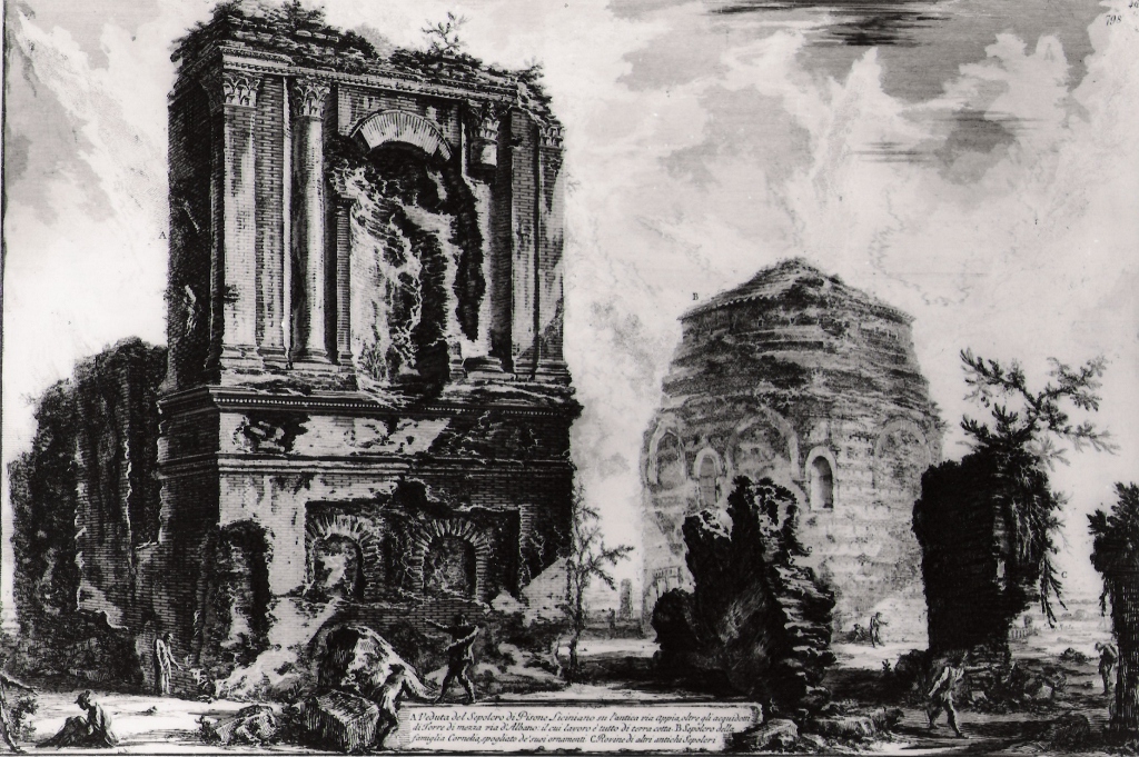 veduta del sepolcro di Pisone Liciniano e del sepolcro della famiglia Cornelia (stampa) di Piranesi Giovanni Battista (prima metà sec. XX)