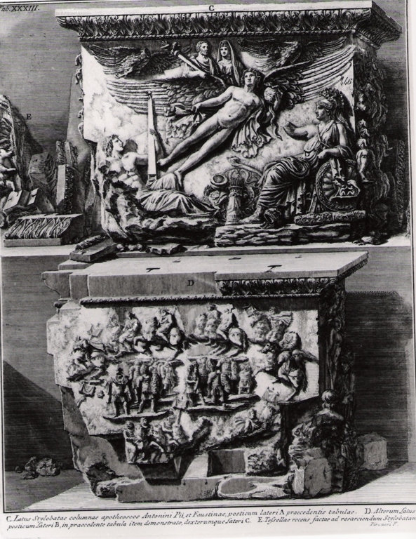 due lati del basamento della colonna di Antonino Pio (stampa, serie) di Piranesi Giovanni Battista (prima metà sec. XX)