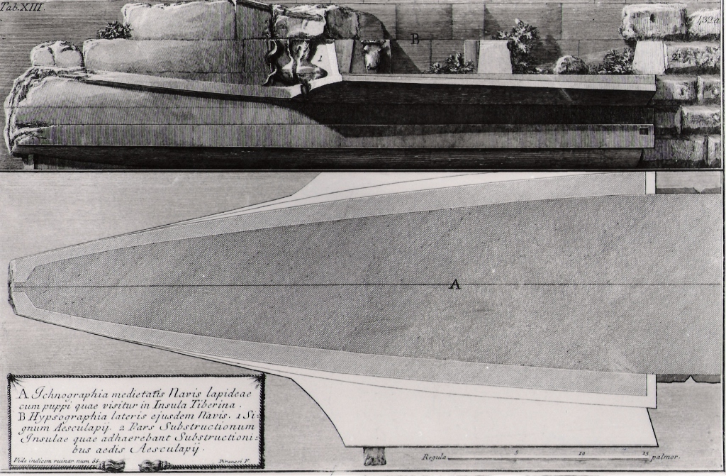 schema della poppa dell'imbarcazione di pietra che si vede nell'isola Tiberina (stampa, serie) di Piranesi Giovanni Battista (prima metà sec. XX)