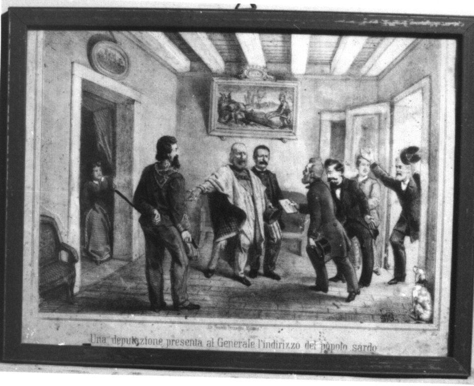 Garibaldi riceve la delegazione del popolo sardo, episodi della vita di Giuseppe Garibaldi (stampa a colori) - ambito italiano (seconda metà sec. XIX)