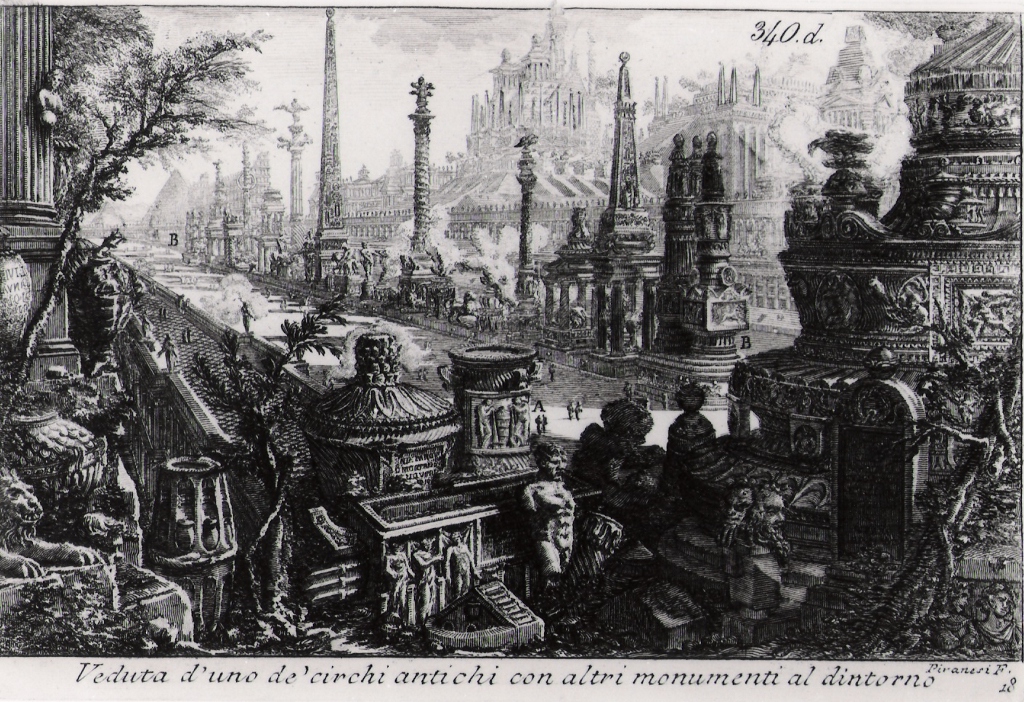 veduta di uno dei circhi antichi con vari monumenti intorno (stampa) di Piranesi Giovanni Battista (prima metà sec. XX)
