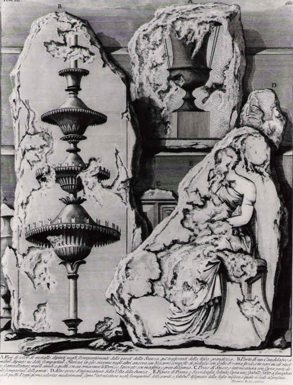 vasi di color di metallo dipinti negli scompartimenti delle pareti della stanza (stampa) di Piranesi Giovanni Battista (prima metà sec. XX)