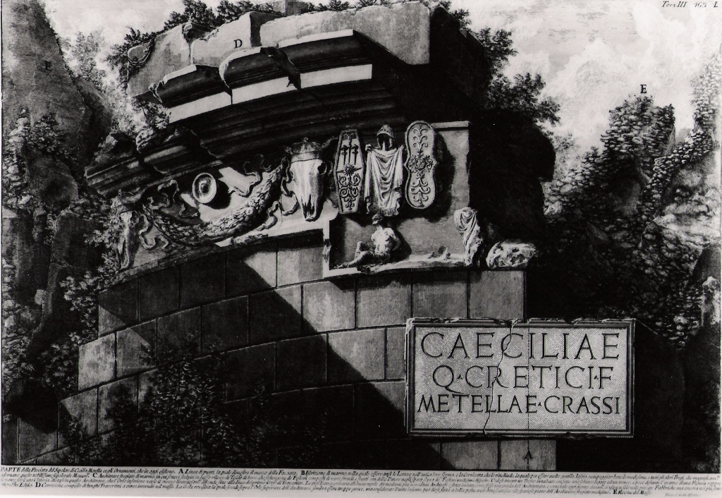 parte della facciata della tomba di Cecilia Metella (stampa) di Piranesi Giovanni Battista (prima metà sec. XX)