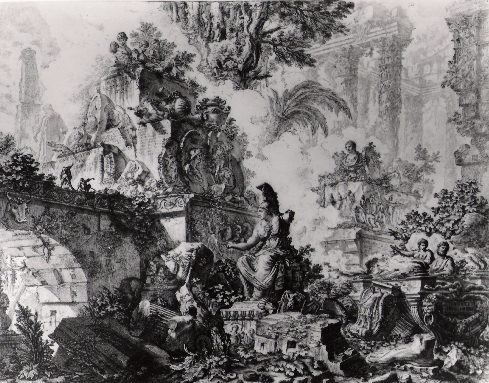 frontespizio: capriccio di rovine con al centro la statua di Minerva (stampa) di Piranesi Giovanni Battista (prima metà sec. XX)