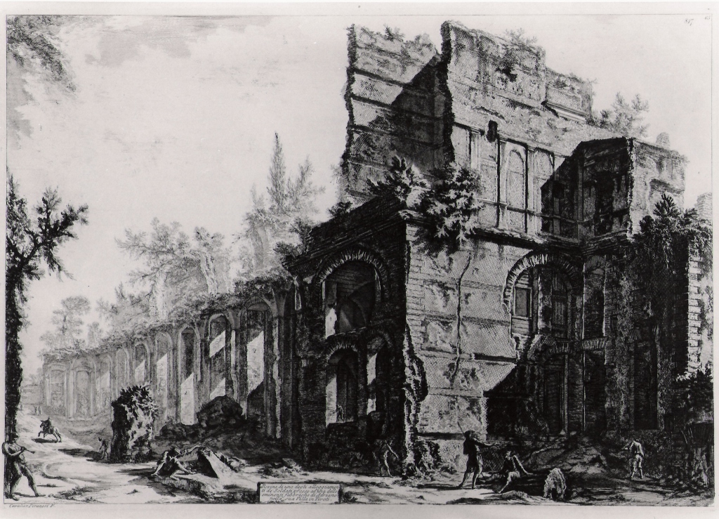 rovine di uno degli alloggiamenti dei soldati nella villa Adriana a Tivoli (stampa) di Piranesi Giovanni Battista (prima metà sec. XX)