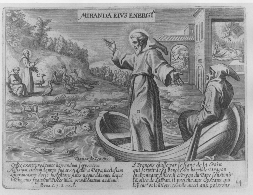 Miranda eius energia, San Francesco predica ai pesci ed agli ucelli (stampa) - ambito francese (inizio sec. XVII)