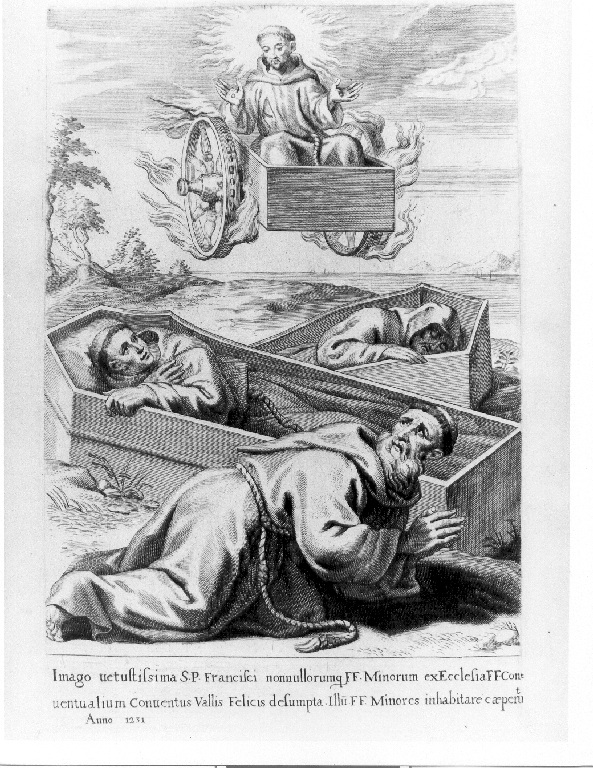 San Francesco d'Assisi sul carro di fuoco (stampa, serie) - ambito belga (sec. XVII)