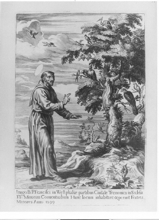 San Francesco d'Assisi predica agli uccelli (stampa, serie) - ambito belga (sec. XVII)