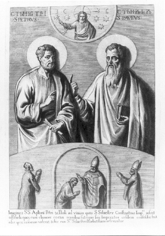 San Pietro, San Paolo e San Silvestro che battezza imperatore Costantino (stampa, serie) - ambito belga (sec. XVII)