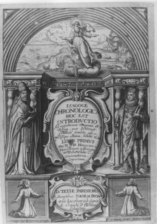 Isagoge chronologica hoc est introductio, Frontespizio con Dio Padre, Pontefice, Re e santi cappuccini (stampa) di David Charles (sec. XVII)