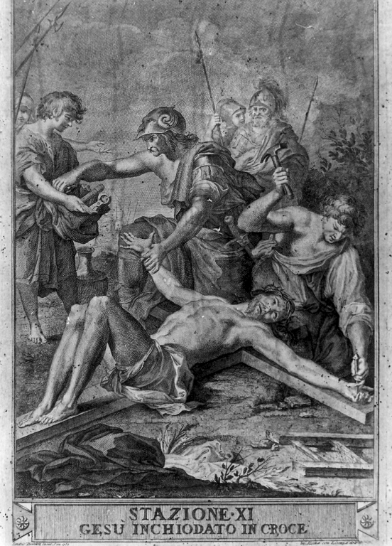 stazione XI: Gesù inchiodato alla croce (stampa) di Benedetti Ignazio (sec. XVIII)