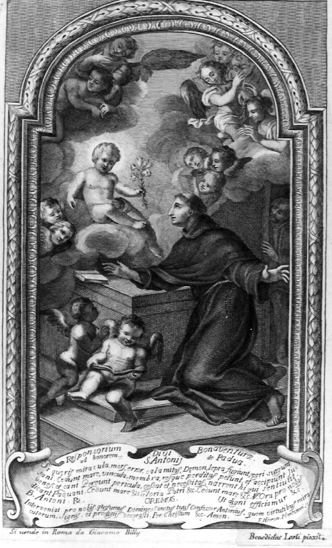 Sant'Antonio da Padova con il bambino (stampa smarginata) di Novelli Pietro Antonio, De Colle Pellegrino (prima metà sec. XVIII)