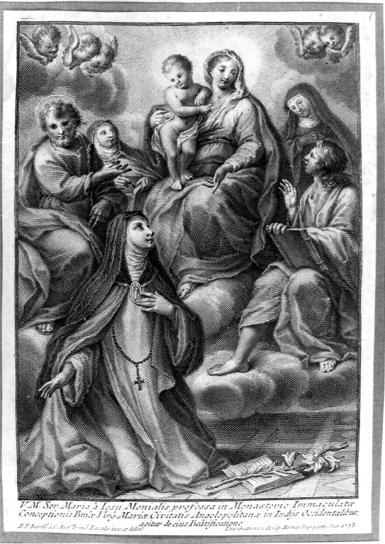 apparizione della Madonna col Bambino e santi a Suor Maria di Gesù Monialis (stampa smarginata) di Gutierez Gennaro, Bartolomeo di Sant'Antonio Padre (sec. XVIII)