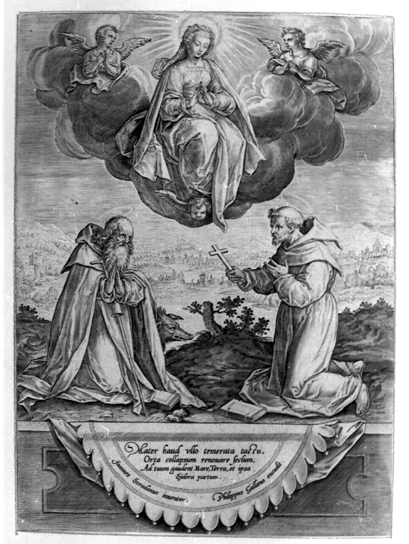 apparizione della Madonna a Sant'Antonio Abate e a San Francesco d'Assisi (stampa smarginata) di Van der Straet Jan detto Giovanni Stradano (seconda metà sec. XVI)