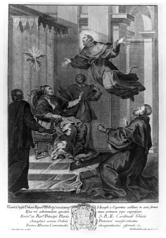 San Giuseppe da Copertino con Urbano VIII (stampa) di Angeletti Pietro, Bombelli Pietro Leone (sec. XVIII)