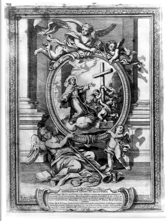 San Pietro d'Alcantara entro ovale sorretto da angeli (stampa) di Valchi (sec. XVIII)