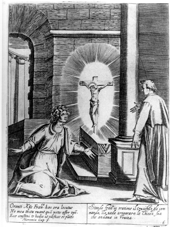 San Francesco d'Assisi in preghiera davanti alla croce (stampa) di Thomassin Philippe (inizio sec. XVII)