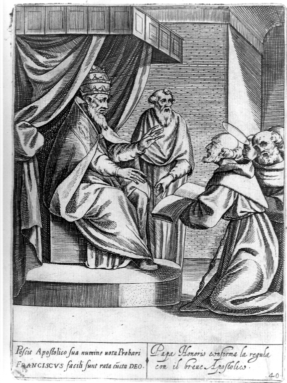 San Francesco d'Assisi predica davanti a papa Onorio III (stampa) di Thomassin Philippe (inizio sec. XVII)