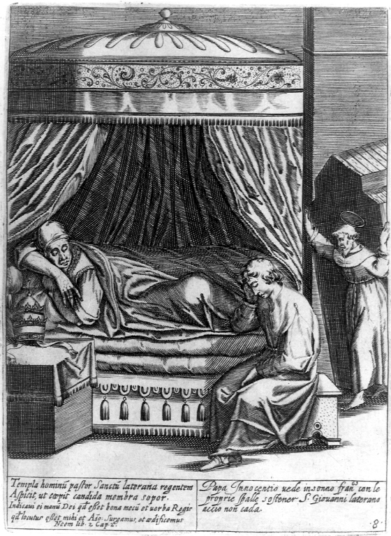 papa Innocenzo III vede in sogno San Francesco d'Assisi sostenere la basilica Lateranense (stampa) di Thomassin Philippe (inizio sec. XVII)