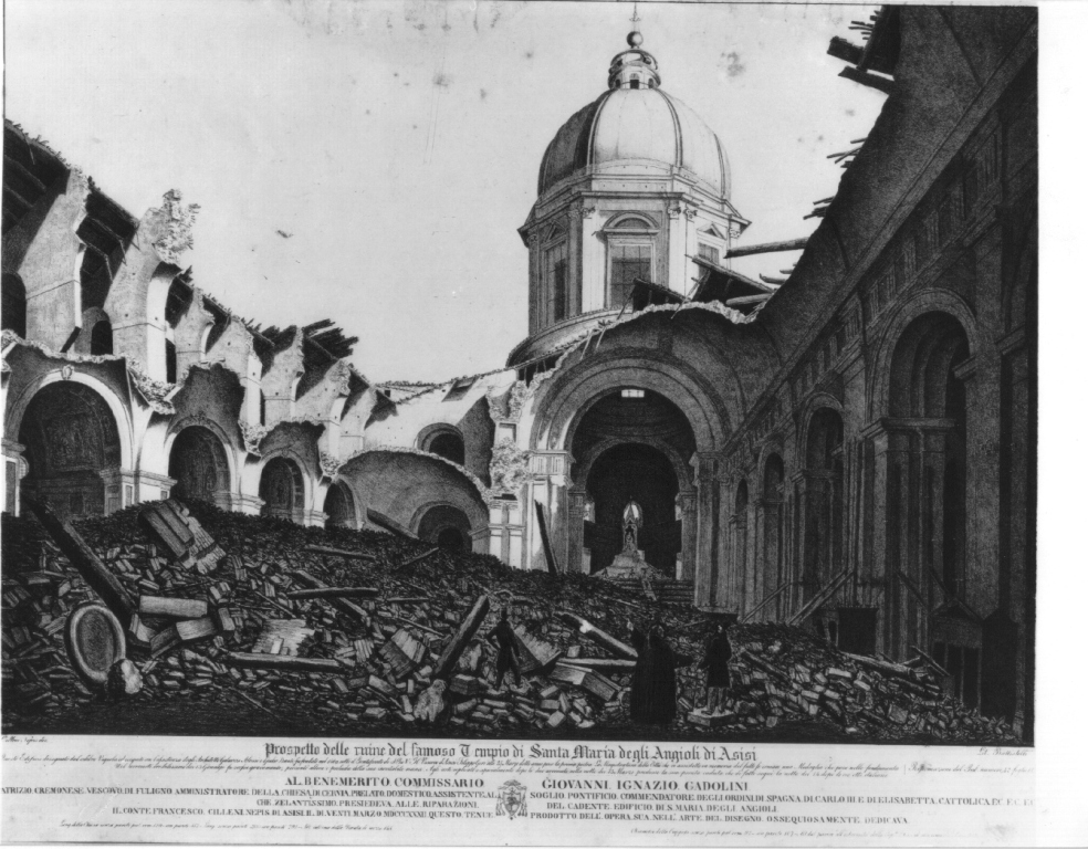 Prospetto delle ruine del famoso Tempio di Santa Maria degli Angioli di Asisi, rovine della chiesa di S. Maria degli Angeli di Assisi (stampa) di Cilleni Nepis Francesco (sec. XIX)