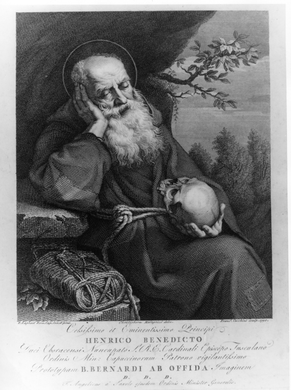 beato Bernardo da Offida in meditazione (stampa) di Cecchini Francesco, Malagricci Cristoforo, Raffaello Romano Cappuccino Fra (sec. XVIII)