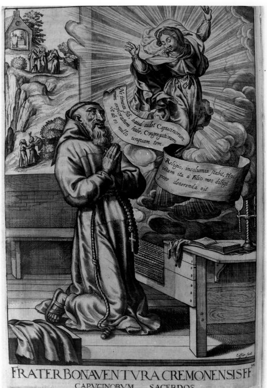 apparizione della Madonna a frate Bonaventura da Cremona (stampa) di Schott Johann, Loffler Johann Eckhard, Loffler Heinrich (sec. XVII)