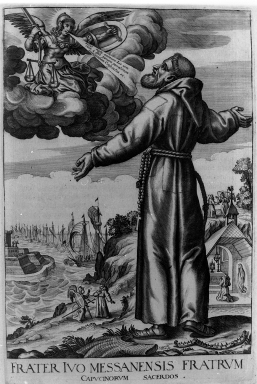 apparizione di San Michele Arcangelo a frate Ivo da Messina (stampa) di Schott Johann, Loffler Johann Eckhard, Loffler Heinrich (sec. XVII)