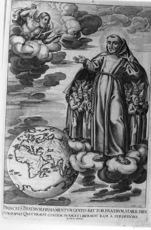 San Francesco d'Assisi protegge sotto il proprio manto i frati Minori Cappuccini nel mondo (stampa) di Schott Johann, Loffler Johann Eckhard, Loffler Heinrich (sec. XVII)