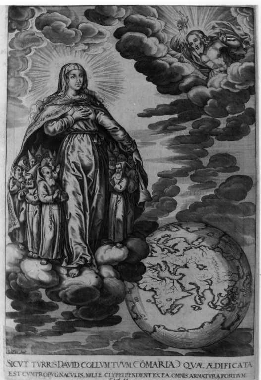 la Madonna protegge sotto il proprio manto i frati Minori Cappuccini nel mondo (stampa) di Schott Johann, Loffler Johann Eckhard, Loffler Heinrich (sec. XVII)