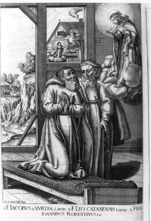 apparizione della Madonna a frate Giacomo da Nursia e frate Leo da Catania (stampa) di Schott Johann, Loffler Johann Eckhard (sec. XVII)