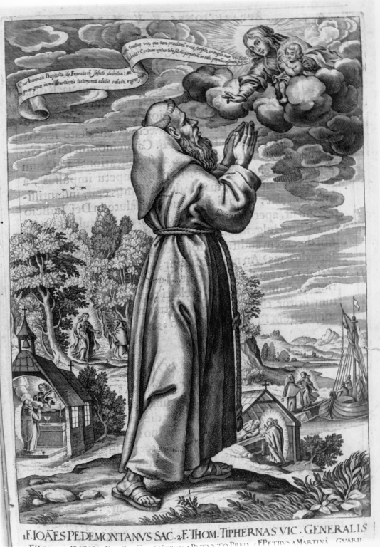 apparizione della Madonna con Bambino a frate Giovanni piemontese (stampa) di Schott Johann, Loffler Johann Eckhard, Loffler Heinrich (sec. XVII)