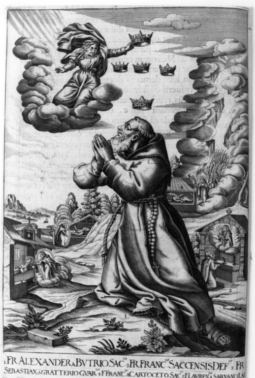 apparizione della Madonna a frate Alessandro da Budrio (stampa) di Loffler Heinrich, Schott Johann, Loffler Johann Eckhard (sec. XVII)