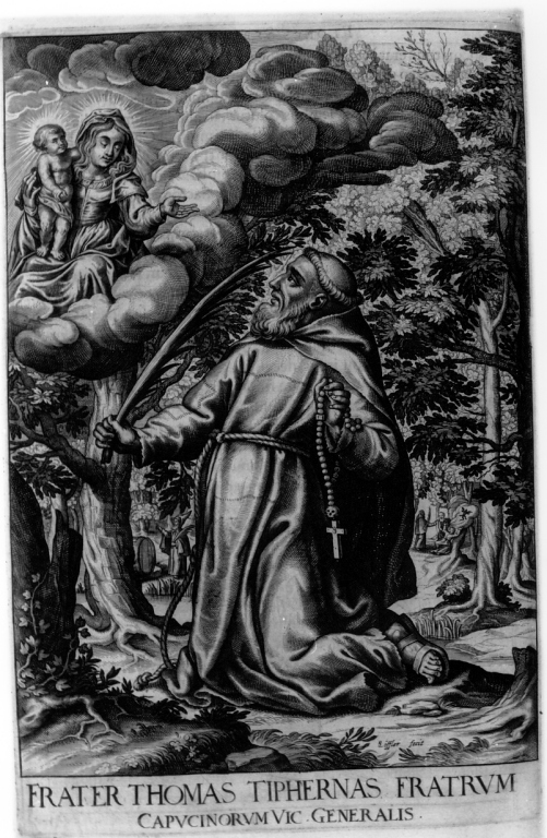 apparizione della Madonna a frate Tommaso da Città di Castello (stampa) di Loffler Heinrich, Schott Johann, Loffler Johann Eckhard (sec. XVII)