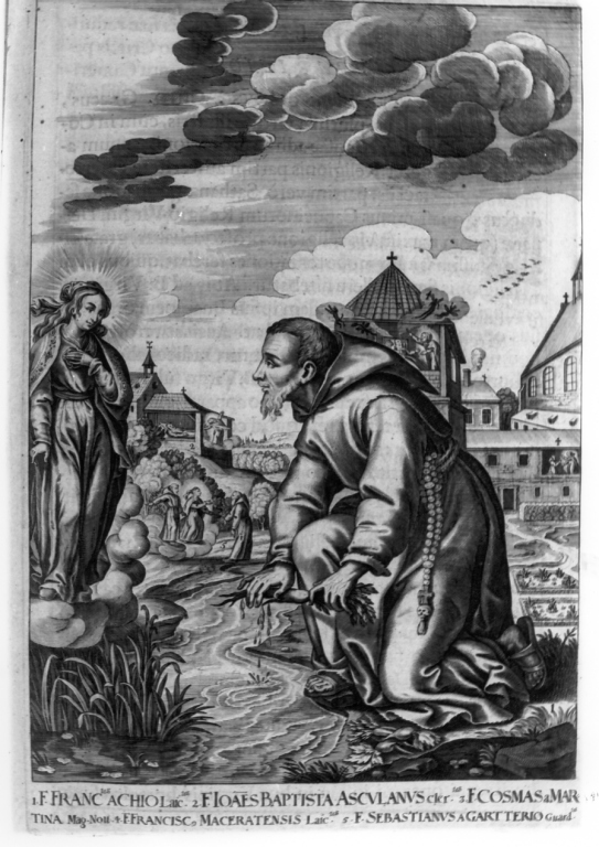 apparizione della Madonna a frate Francesco di Arles (stampa) di Loffler Heinrich, Schott Johann, Loffler Johann Eckhard (sec. XVII)