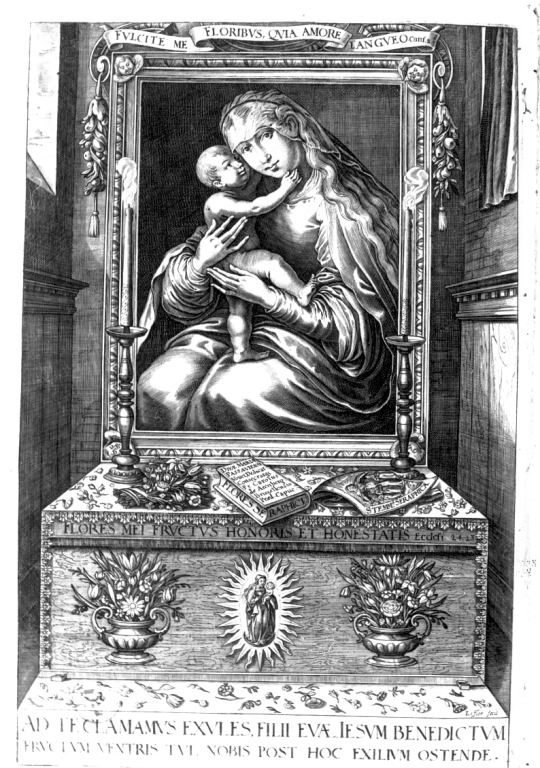 altarolo con Madonna e Gesù Bambino (stampa) di Loffler Heinrich, Schott Johann, Loffler Johann Eckhard (sec. XVII)
