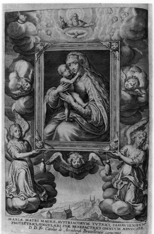 immagine della Madonna con Bambino sostenuta da angeli (stampa) di Loffler Heinrich, Schott Johann, Loffler Johann Eckhard (sec. XVII)