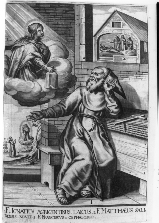 apparizione della Madonna a frate Ignazio da Agrigento (stampa) di Loffler Heinrich, Schott Johann, Loffler Johann Eckhard (sec. XVII)