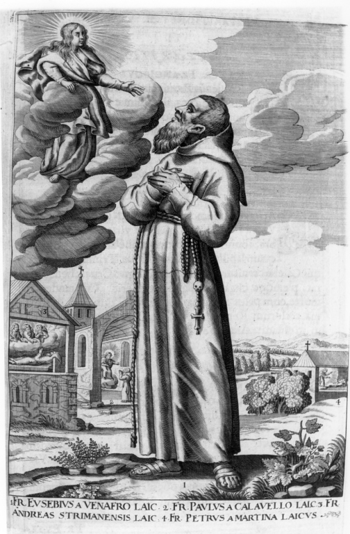 apparizione della Madonna a frate Eusebio da Venafro (stampa) di Loffler Heinrich, Schott Johann, Loffler Johann Eckhard (sec. XVII)
