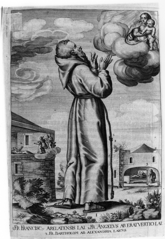 apparizione della Madonna con Bambino a frate Francesco da Arles (stampa) di Loffler Heinrich, Schott Johann (sec. XVII)
