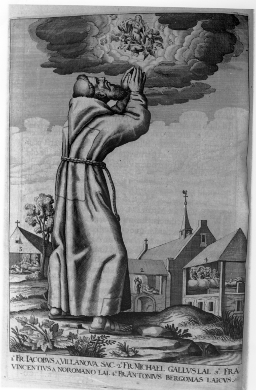apparizione della Madonna con Bambino a frate Giacomo da Villanova (stampa) di Loffler Johann Eckhard, Loffler Heinrich, Schott Johann (sec. XVII)
