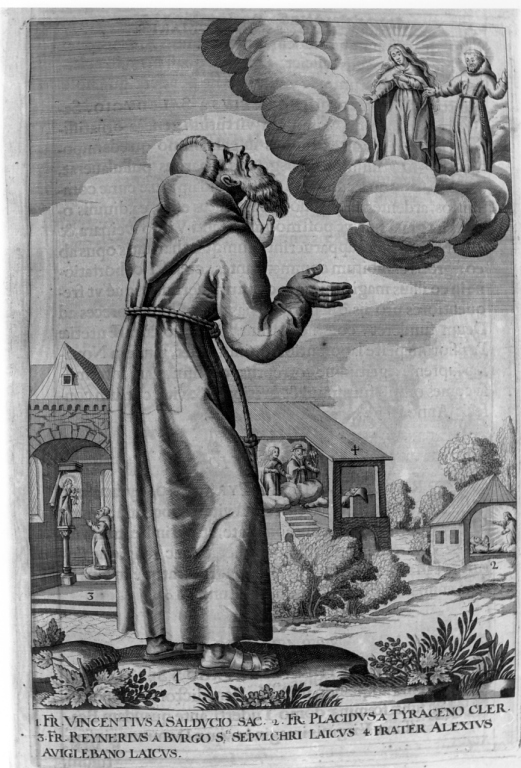 apparizione della Madonna e di San Francesco d'Assisi a frate Vincenzo da Salodeccio (stampa) di Loffler Johann Eckhard, Loffler Heinrich, Schott Johann (sec. XVII)