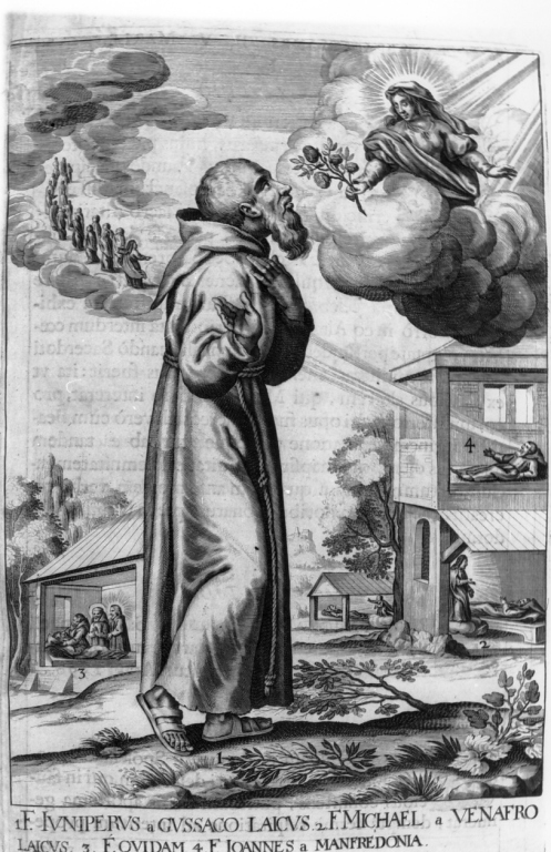 apparizione della Madonna a frate Giunipero da Gussaco (stampa) di Loffler Johann Eckhard, Loffler Heinrich, Schott Johann (sec. XVII)