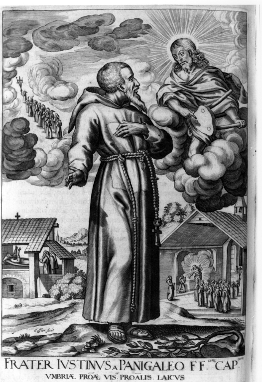apparizione di Cristo a frate Giustino da Panicale (stampa) di Loffler Heinrich, Schott Johann, Loffler Johann Eckhard (sec. XVII)