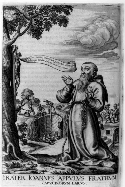 frate Giovanni dalla Puglia davanti al Crocifisso (stampa) di Loffler Johann Eckhard, Loffler Heinrich, Schott Johann (sec. XVII)