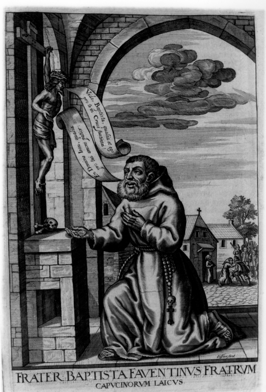 frate Battista da Faenza davanti al crocifisso (stampa) di Loffler Johann Eckhard, Loffler Heinrich, Schott Johann (sec. XVII)