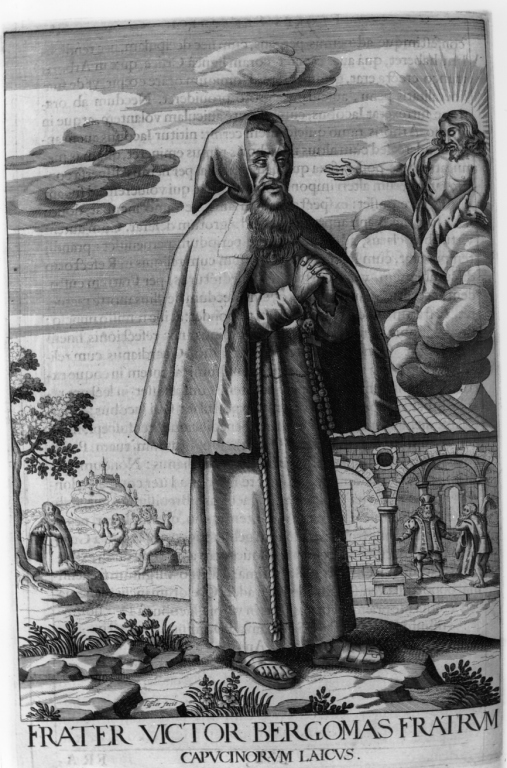 apparizione di Cristo a frate Vittorio da Bergamo (stampa) di Loffler Johann Eckhard, Loffler Heinrich, Schott Johann (sec. XVII)